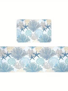 SET of 2 - Bathroom Kitchen Rugs - Starfish Seashell Design- Costal Home Decor